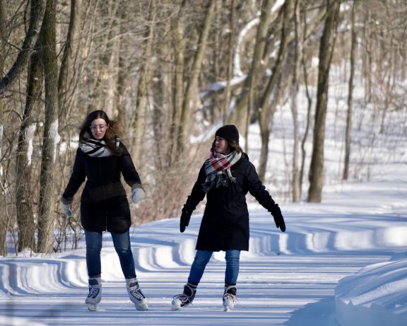 Gens qui patinent en forêt