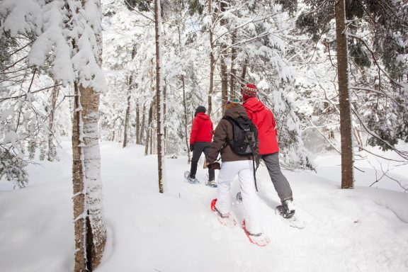 people snowshoeing on a snowy trail