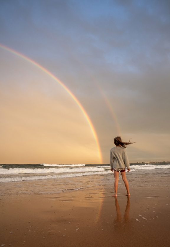 Jeune femme sur une plage devant un arc-en-ciel.