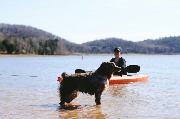 Une personne en Kayak avec son chien